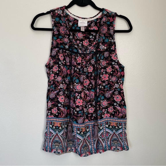 Knox Rose Tops - Knox Rose | Black and Pink Floral Pleated Tank | Size Small